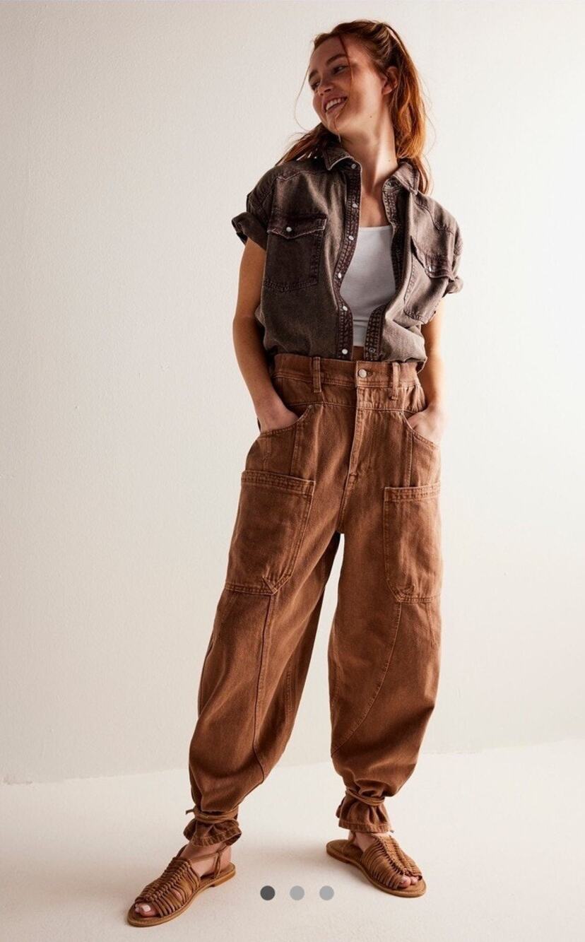 Free People We The Free New School Warm Brown Relaxed Straight Leg Cargo Jeans